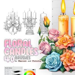 40 Stück Blumen Stempel Procreate, Kerze mit Blumen Stempel für Procreate, Procreate Weihnachtskerze, Kerzenflamme Procreate