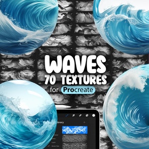 May include: A digital illustration of 70 wave textures for Procreate. The image shows a variety of blue and white wave textures, with a tablet screen displaying a sample texture.