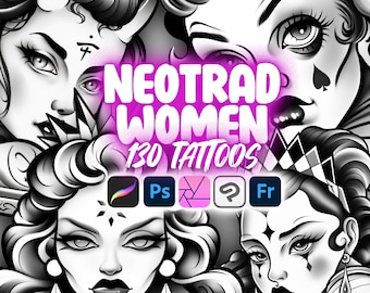 130 Sellos de tatuajes de mujeres neotradicionales procreados / Tatuaje de damas neotradicionales de Photoshop / Clip Studio Paint Woman Face Tattoo