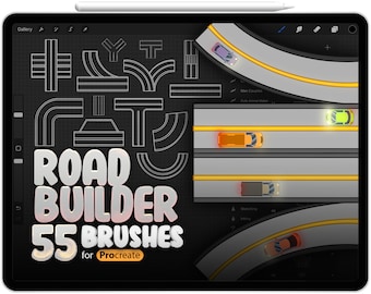 May include: A digital illustration of a tablet screen showing a set of 55 road builder brushes for the Procreate app. The brushes are displayed on a black background with a grid pattern. The text "ROAD BUILDER 55 BRUSHES for Procreate" is displayed in large, white, 3D letters.