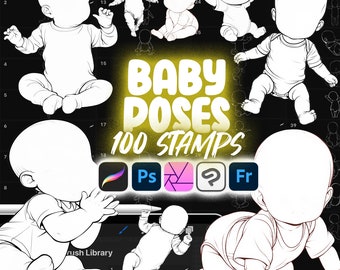 100 Procreate Baby Poses Stamp Brushes | Procreate Newborn Poses Stamp | Procreate Kids Poses Stamps | Procreate Children Poses Stamps