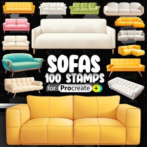 May include: A set of 100 digital stamps featuring various styles of sofas in different colors, including yellow, white, pink, green, and blue. The stamps are designed for use with the Procreate app.