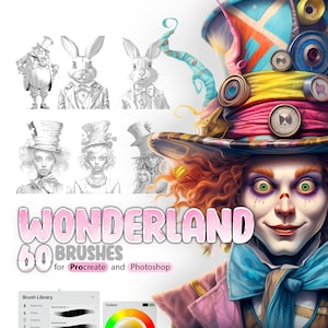 Könnte beinhalten: Eine digitale Illustration des Hutmachers aus Alice im Wunderland. Der Hutmacher trägt einen bunten, mehrschichtigen Hut mit einem Zifferblatt an der Seite. Er hat leuchtend grüne Augen und ein verschmitztes Lächeln. Der Text "WONDERLAND 60 BRUSHES for Procreate and Photoshop" wird unter dem Bild angezeigt.