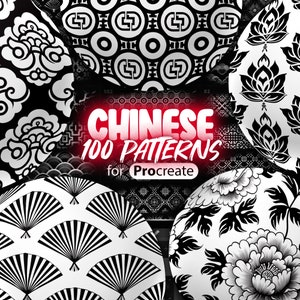 Könnte beinhalten: Eine Sammlung von 100 schwarzen und weißen chinesischen Mustern für Procreate. Die Muster zeigen verschiedene Designs, darunter Wolken, Blumen, geometrische Formen und Fächer.