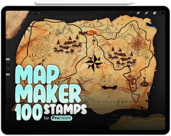 May include: A digital illustration of a vintage treasure map with a compass, ships, and islands. The text "MAP MAKER 100 STAMPS for Procreate" is displayed on the screen.
