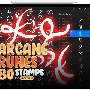 May include: A digital illustration of 80 arcane runes for Procreate. The runes are displayed on a black background with a red and white design. The text "Arcane Runes 80 Stamps for Procreate" is displayed in a gold color.