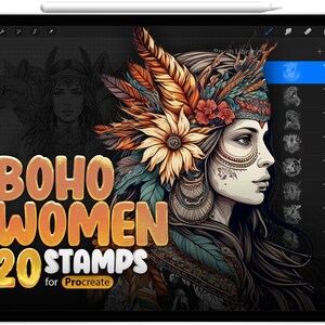 May include: A digital tablet displays a Procreate art set titled "Boho Women 20 Stamps." The image features a detailed illustration of a woman with floral and feather headdress. The color palette includes warm oranges, browns, and greens, with a dark background.
