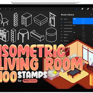 100 Living Room Isometric Brush for Procreate, Isometric 3D Room Procreate Stamps, Isometric 3D Room Procreate Stamps, Interior Furniture