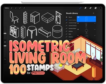 May include: A digital illustration of a living room with furniture and decor. The image is on a tablet screen with a list of 100 isometric stamps for Procreate. The text "ISOMETRIC LIVING ROOM 100 STAMPS for Procreate" is displayed on the screen.