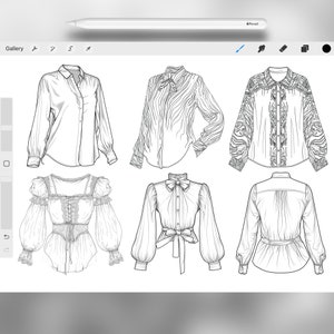 May include: Six different blouse designs with long sleeves. The blouses are drawn in black and white and feature different necklines, collars, and embellishments.