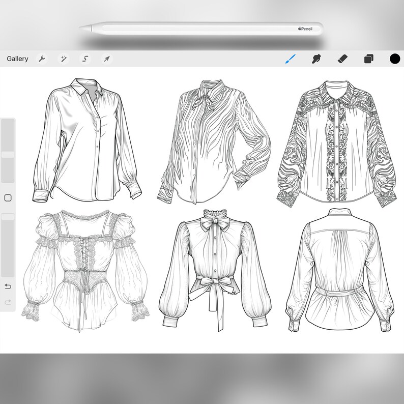May include: Six different blouse designs with long sleeves. The blouses are drawn in black and white and feature different necklines, collars, and embellishments.