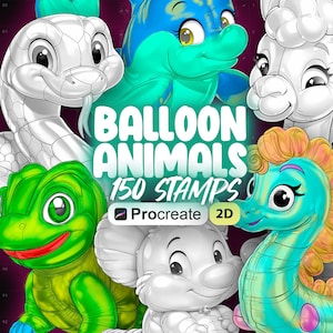 2D Procreate 150 Balloon Animals Stamps | Procreate Cute Inflated Toys Stamps | Procreate Cartoon Animals Stamp Brushes