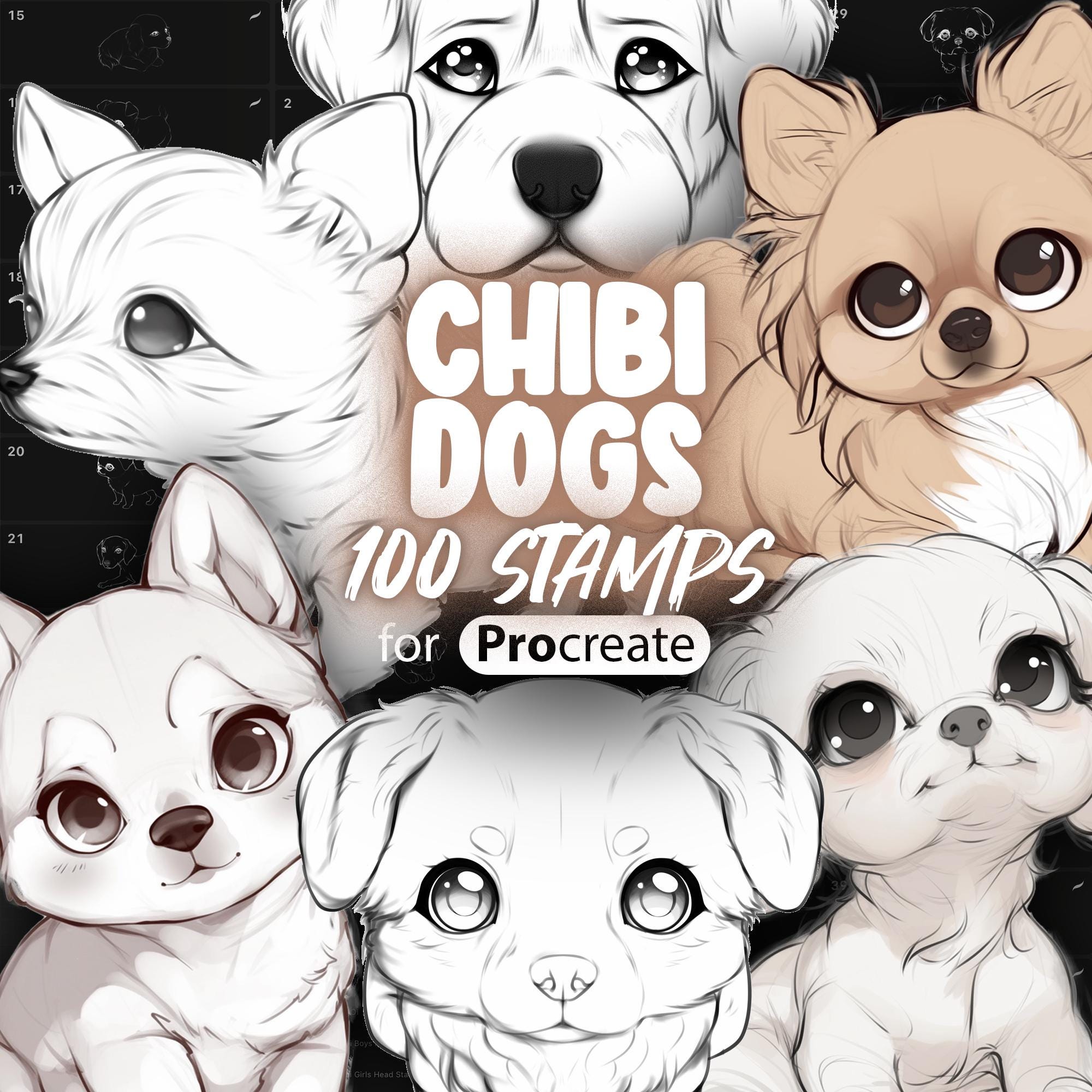 100 sellos de perros chibi para Procreate — Set de pinceles de perritos kawaii para Procreate