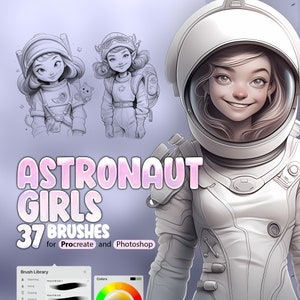 May include: A set of 37 digital brushes for Procreate and Photoshop, featuring astronaut girls in a cartoon style. The brushes are designed for sketching, drawing, and inking.