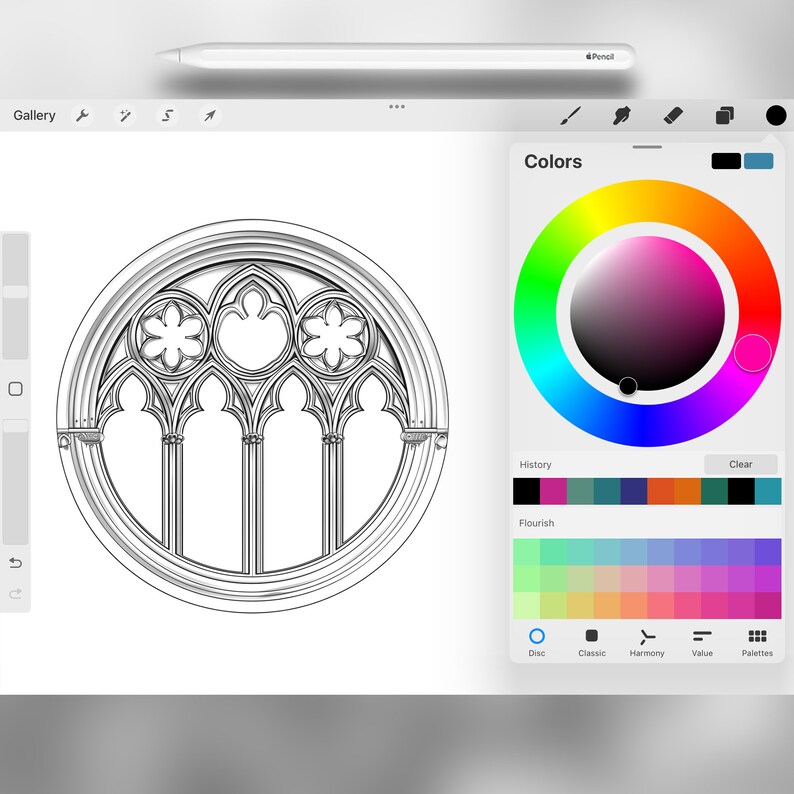 May include: A black and white line drawing of a round stained glass window with a gothic arch design. The image is on a digital drawing tablet with a colour wheel and other drawing tools.