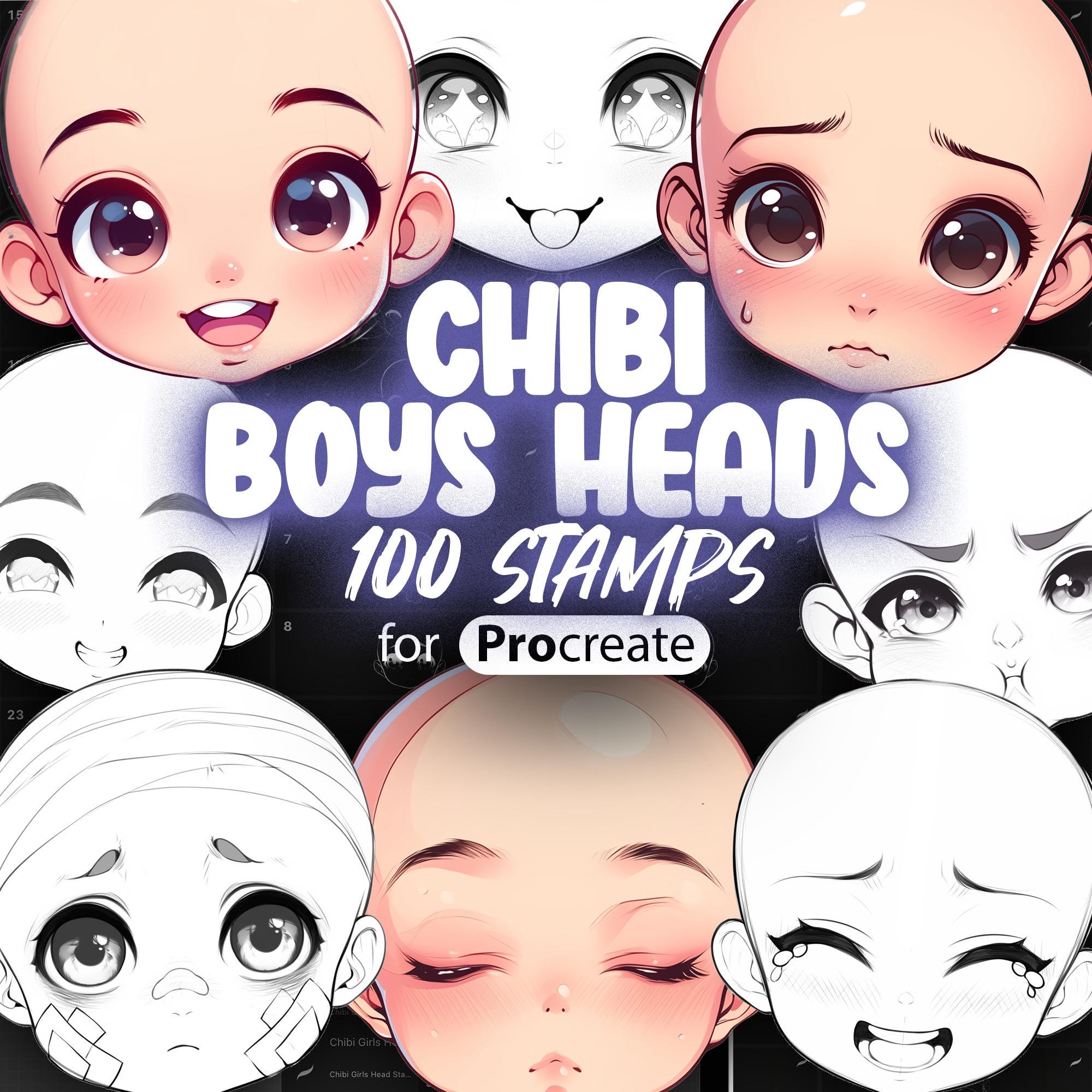 100 Procreate Chibi Boys Head Stamps â Cute Face & Emotion Brush Set for Procreate