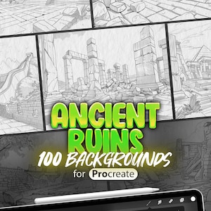 Puede incluir: Una ilustración digital de 100 fondos para Procreate con ruinas antiguas. Los fondos son en blanco y negro y presentan varios elementos arquitectónicos, como columnas, arcos y muros.