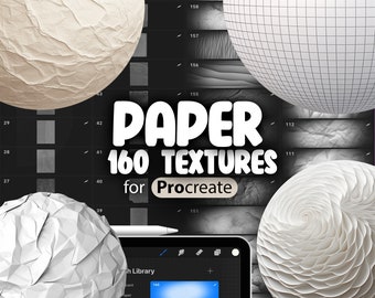 Puede incluir: Una ilustración digital de una pantalla de la aplicación Procreate con una herramienta de pincel y una biblioteca de pinceles. La biblioteca de pinceles tiene una categoría llamada "Papel" con 160 texturas. La imagen también muestra una variedad de texturas de papel en diferentes estilos.