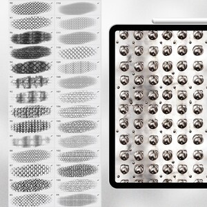May include: A set of 24 digital brushes for use in digital art programs. The brushes are designed to create a variety of textures, including scales, leather, and metal. The brushes are shown on a white background.