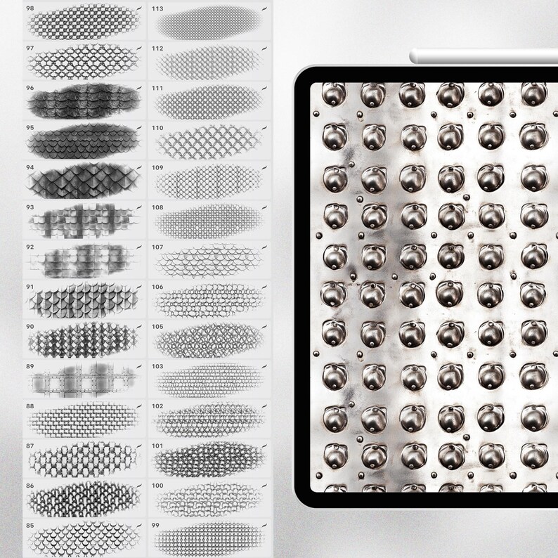 May include: A set of 24 digital brushes for use in digital art programs. The brushes are designed to create a variety of textures, including scales, leather, and metal. The brushes are shown on a white background.