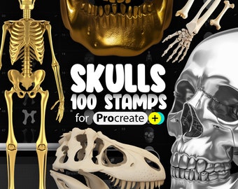 100 Procreate 2D Skull Stamp Brushes | Procreate Human Skull | Procreate Bones | Procreate Animal Skull | Procreate Skeleton Stamps