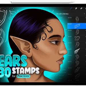 Puede incluir: Ilustración digital de una persona con orejas puntiagudas, mostrando una selección de sellos de orejas para Procreate. La imagen muestra una tableta con el texto "EARS 30 STAMPS for Procreate". La biblioteca de pinceles muestra varios diseños de orejas.