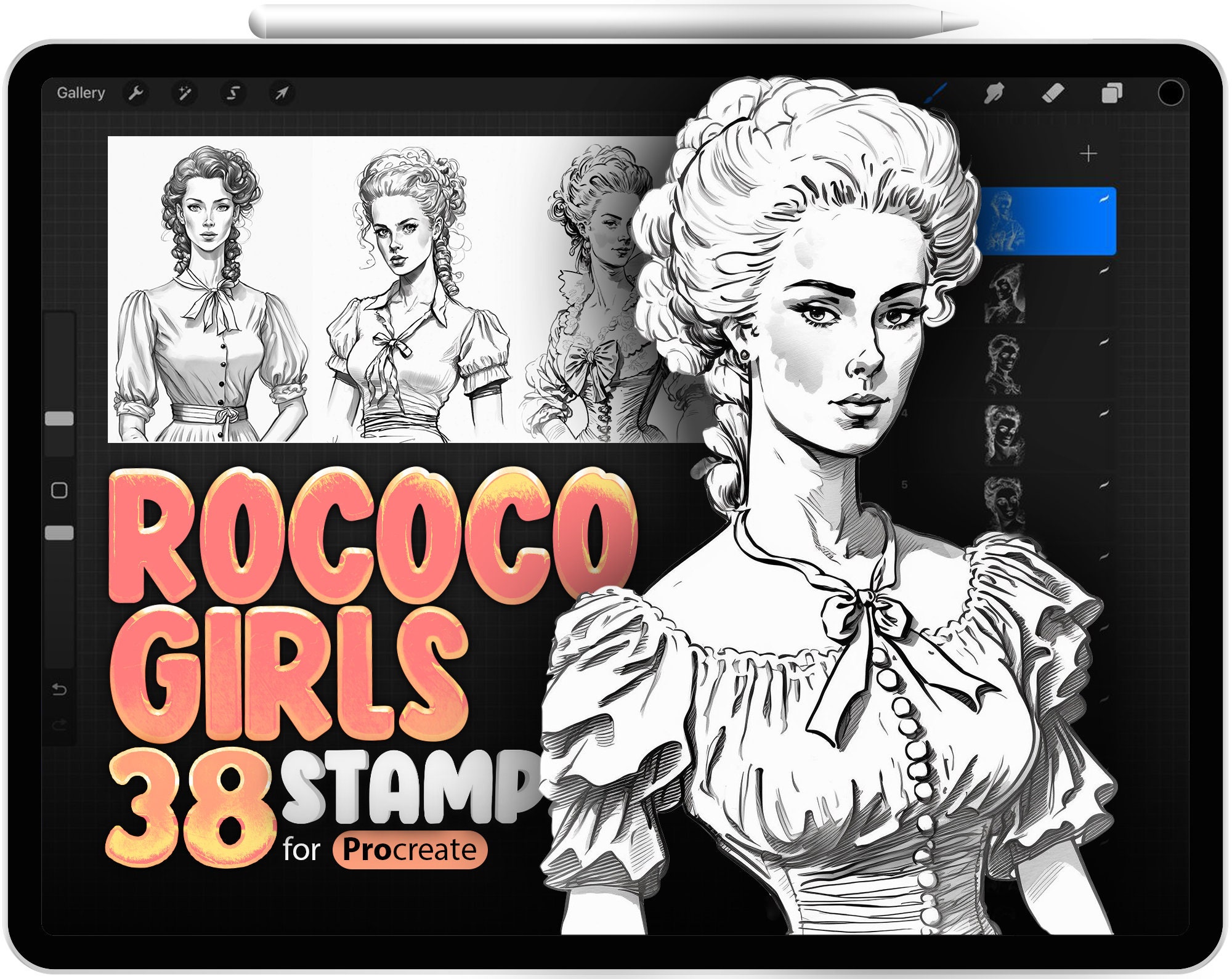 38 Procreate Rococo Girls Stamp Brushes, Procreate Vintage Women Brush ...