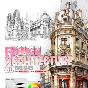 May include: A set of 60 digital brushes for Procreate and Photoshop, inspired by French architecture. The brushes are designed to create realistic sketches and drawings of buildings, with a focus on details like windows, doors, and roofs. The image shows a sample of the brushes used to create a drawing of a Parisian building.