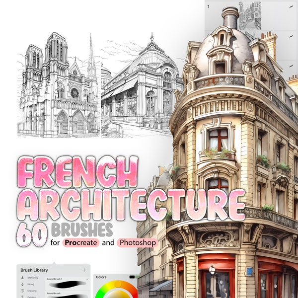 60 French Architecture Procreate Brushes, 60 French Architecture Photoshop Brushes, Paris Stamp Brushes for Procreate, Paris Buildings
