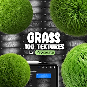 Puede incluir: Una ilustración digital de 100 texturas de hierba diferentes para usar en la aplicación Procreate. Las texturas se muestran en un formato de cuadrícula con una esfera verde en cada esquina de la imagen. El texto "GRASS 100 TEXTURES for Procreate" se muestra en el centro de la imagen.