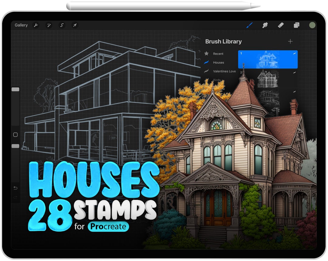 28 Procreate Houses Stamp Brushes, Procreate House Brushes, Procreate House Templates, Procreate