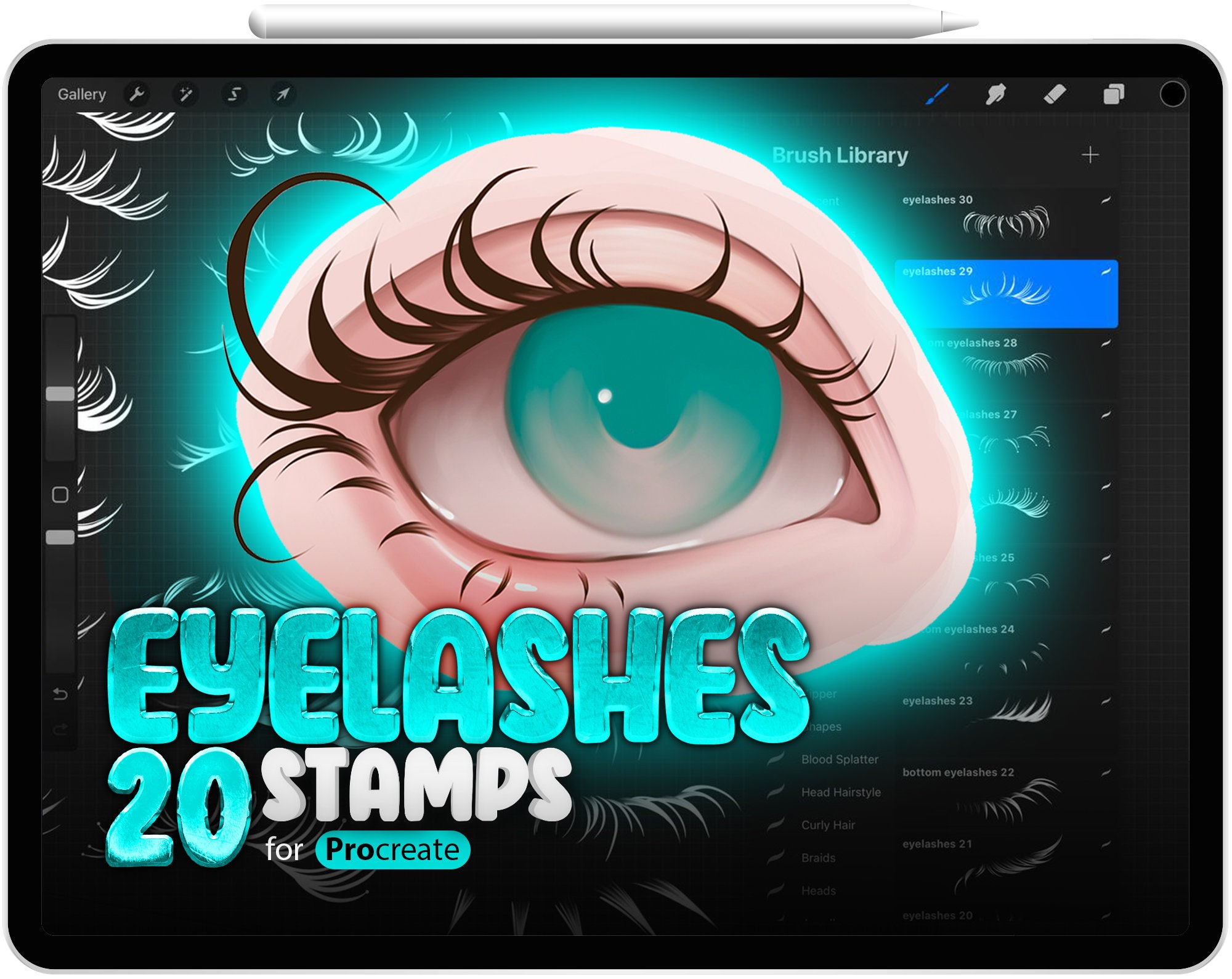 30 Pinceles Sello de Pestañas para Procreate – Set de Stamp de Ojos Maquillaje para Retrato
