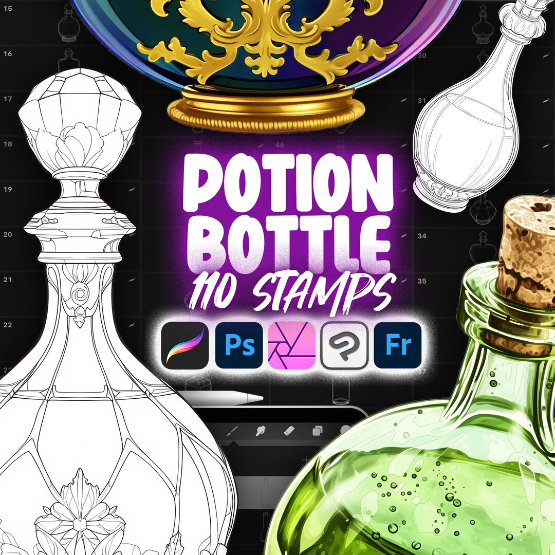 110 Procreate Potion Bottles Stamp Brushes | Photoshop Magic Bottle ...