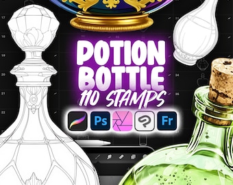 110 pinceaux pour tampons Procreate bouteilles de potion | Bouteille magique Photoshop | Pinceau pour flacons de potion de peinture Clip Studio | Tampons pour flacons d'élixir de procréation