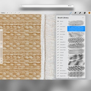 May include: A digital screen displaying a list of brush options for a digital art program. The brush options include "Recent", "Jute", "Comic Book", "Lava", "Chalkboard", "Ink in Water", "Zigzag", "Seeds", "Calligraffiti 2", "Calligraffiti 1", "Paint Splatter", "Carbon Fiber", "Cracked", "Bubbles", "Wings", "Circuit", "Mud", "Galaxy", "Cat", "Men Fashion", "Fashion Models", and "Elegant Girls".