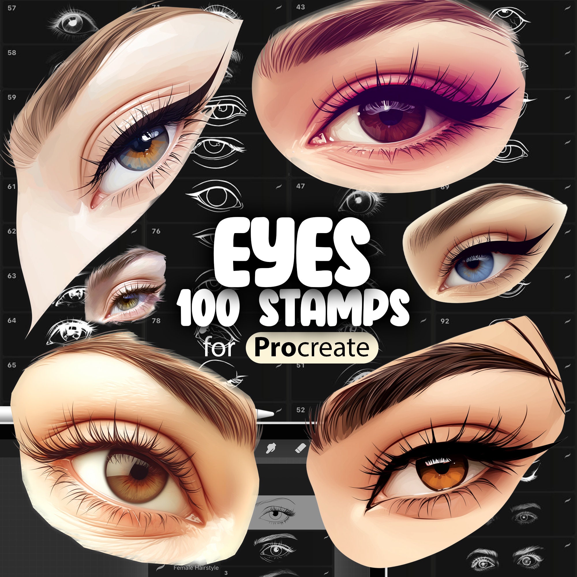 100 pinceles sello de ojos para Procreate – Realistas, anime, manga y estilo cartoon para personajes femeninos