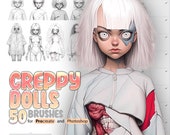 50 Creppy Dolls Procreate Brushes, 50 Creppy Dolls Photoshop Brushes, Procreate Character, Horror Doll Girl Procreate Stamp Brushes