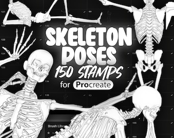May include: A set of 150 skeleton poses for Procreate, a digital art app. The poses are shown in black and white on a dark background. The text "SKELETON POSES 150 STAMPS for Procreate" is displayed in the center of the image.