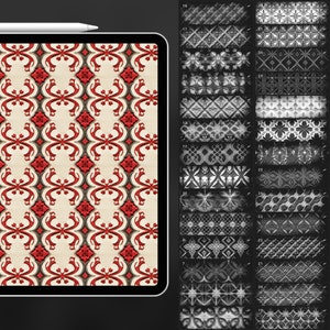 May include: A digital tablet displaying a red and black geometric pattern. The tablet is on a dark gray background. The image is a close-up of the tablet screen.