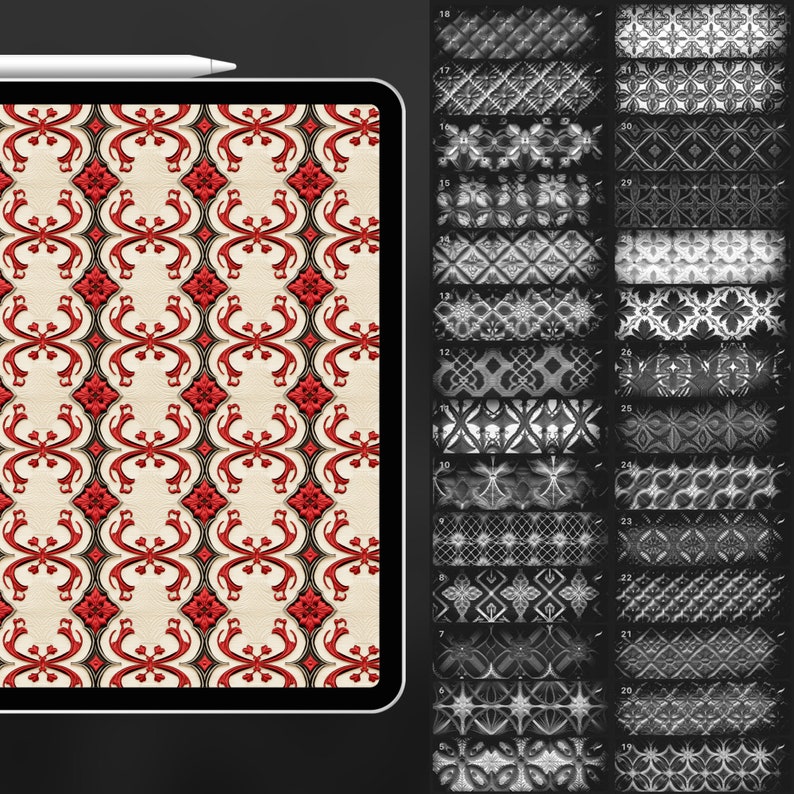 May include: A digital tablet displaying a red and black geometric pattern. The tablet is on a dark gray background. The image is a close-up of the tablet screen.