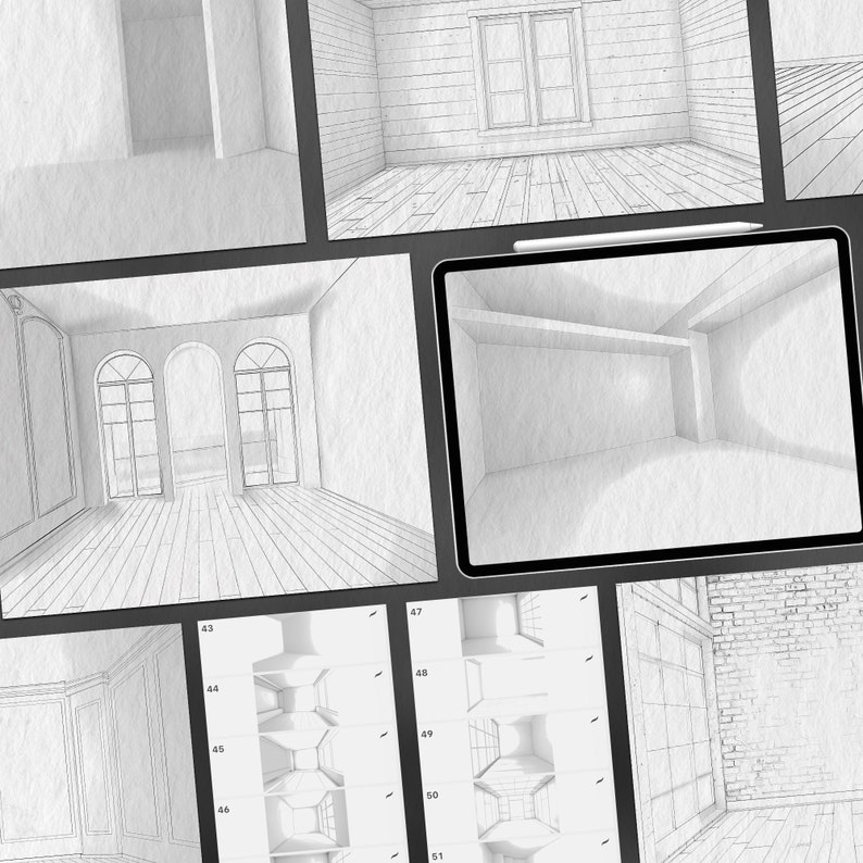May include: A collection of hand-drawn sketches of different room layouts, including a room with an arched doorway, a room with a window, and a room with a brick wall. The sketches are drawn in pencil on white paper.