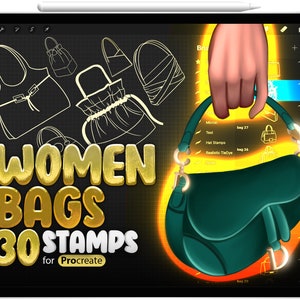 30 Procreate 女性用ハンドバグ スタンプ ブラシ、Procreate 女性用クラッチ バッグ ブラシ、Procreate バグ ブラシ、Procreate バックパック ブラシ