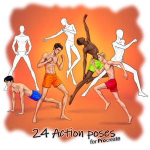 Può includere: Illustrazione digitale con figure maschili in varie pose d'azione, alcune a colori e altre come contorni. L'immagine include il testo "24 Action Poses for Procreate" su sfondo arancione.