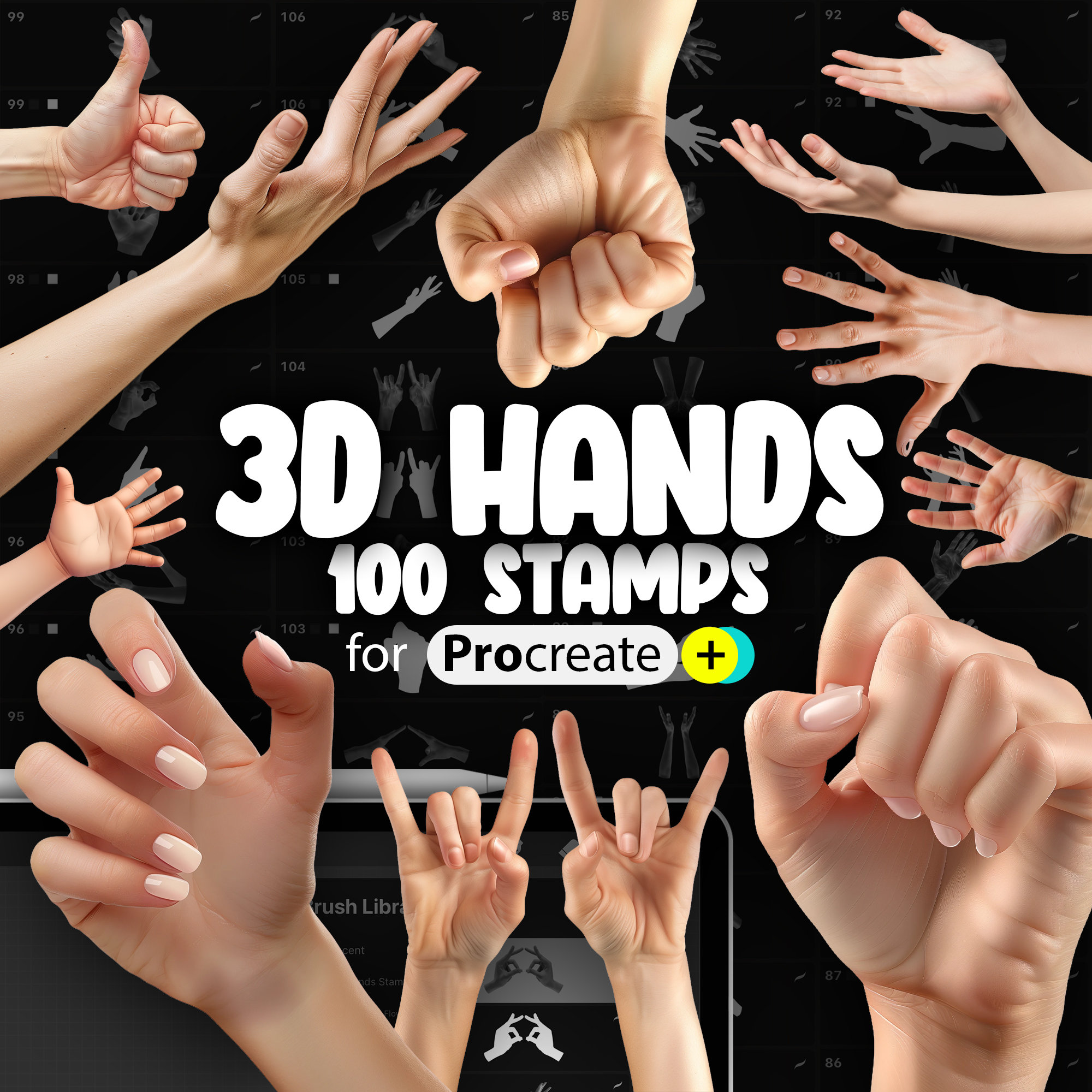 100 pinceles sello de gestos de mano 3D para Procreate | Signos, poses y manos de bebé
