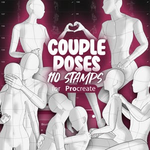 May include: A set of 110 digital stamps for Procreate featuring couples in various poses. The stamps are in a white outline style and are set against a pink background. The text "COUPLE POSES 110 STAMPS for Procreate" is displayed in the center of the image.
