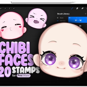 20 Procreate Chibi Faces Stamp Brushes, Procreate Anime Faces Stamp Brushes, Procreate Chibi Eyes Mouth Nose Brush, Anime Eyes Mouth Nose