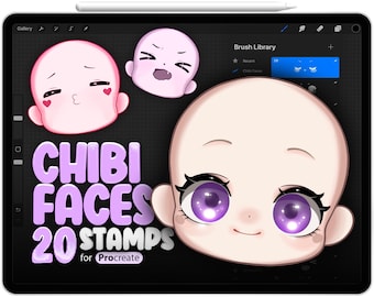 20 Procreate Chibi Faces Stamp Brushes, Procreate Anime Faces Stamp Brushes, Procreate Chibi Eyes Mouth Nose Brush, Anime Eyes Mouth Nose