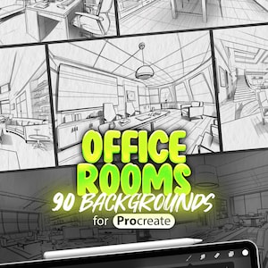 May include: A digital illustration of 90 office room backgrounds for Procreate. The image shows a variety of office spaces, including a large conference room, a smaller office with a desk and chair, and a hallway with a staircase. The backgrounds are drawn in black and white and have a hand-drawn style.