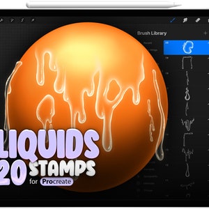 Peut inclure: Une illustration numérique de 20 tampons liquides pour Procreate. Les tampons sont conçus pour ressembler à du liquide qui coule. L'image montre un aperçu des tampons sur l'écran d'une tablette numérique.