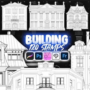 120 Procreate Buildings Sketches Stempelborstels | Architectuur Procreate-stempels | Stempelborstel moderne gebouwen planten zich voort